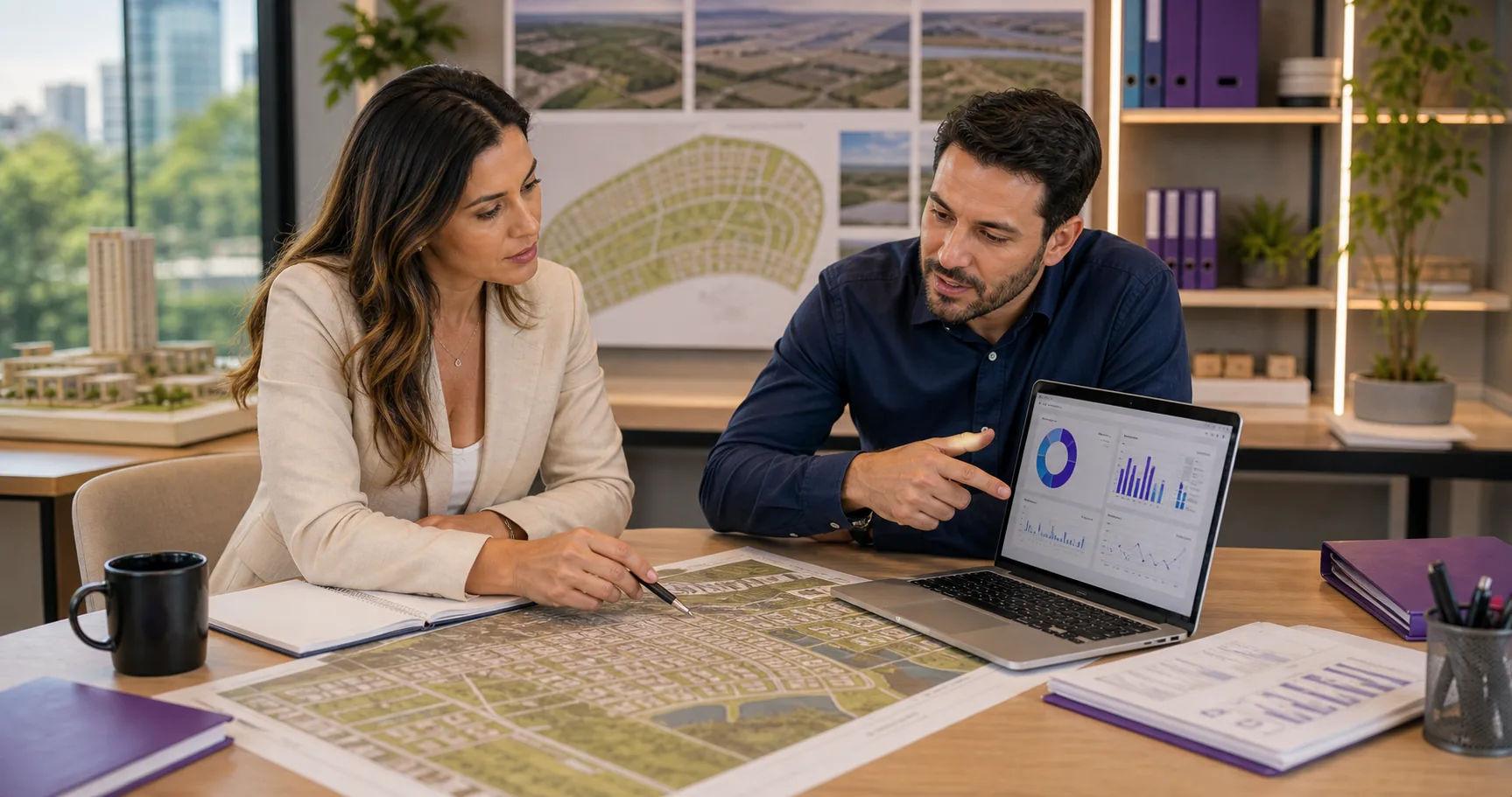 Equipe de loteadora analisando mapa de lotes, operação comercial e fluxo financeiro