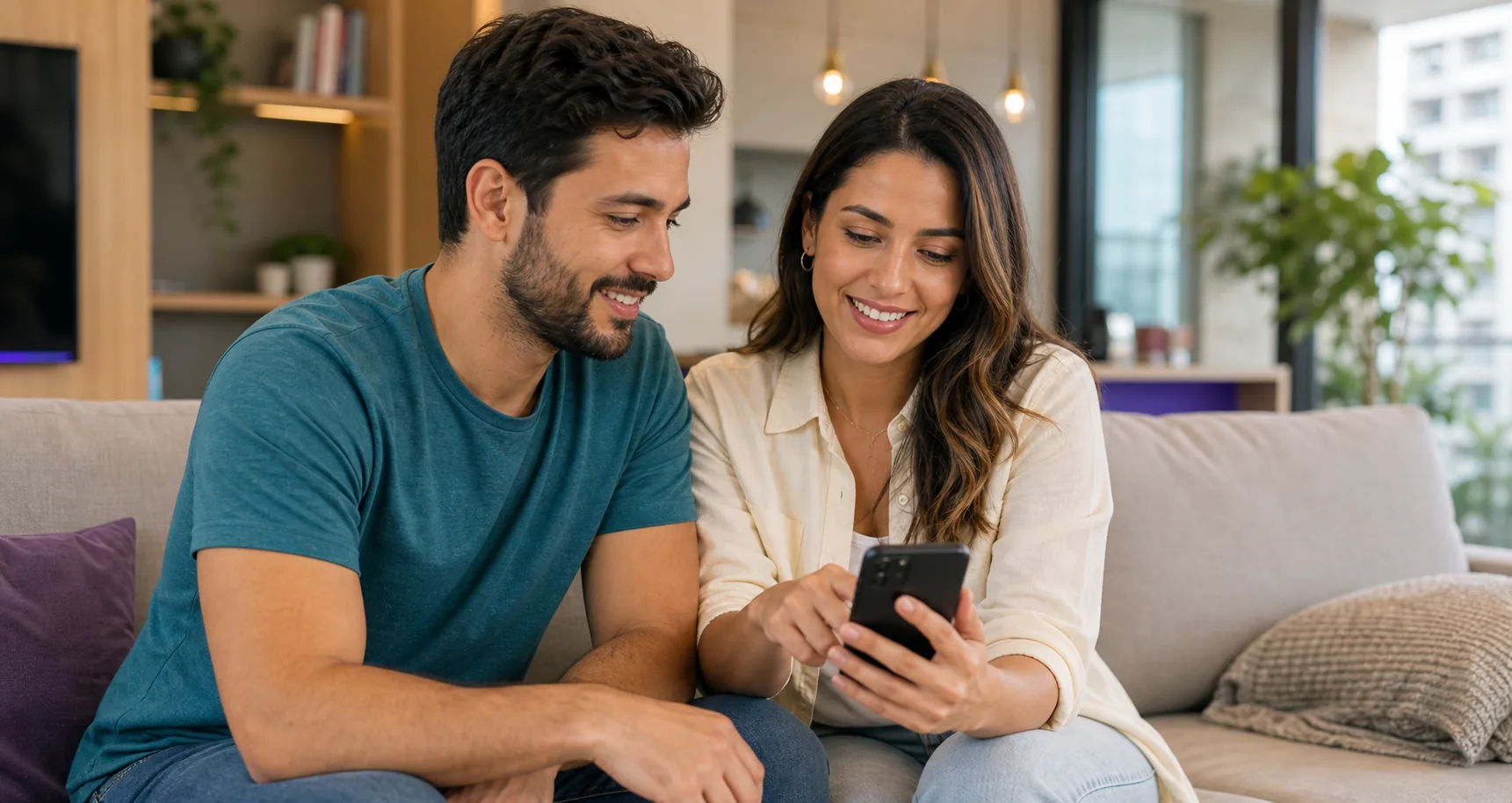 Casal consultando o app Basu no celular dentro do condomínio