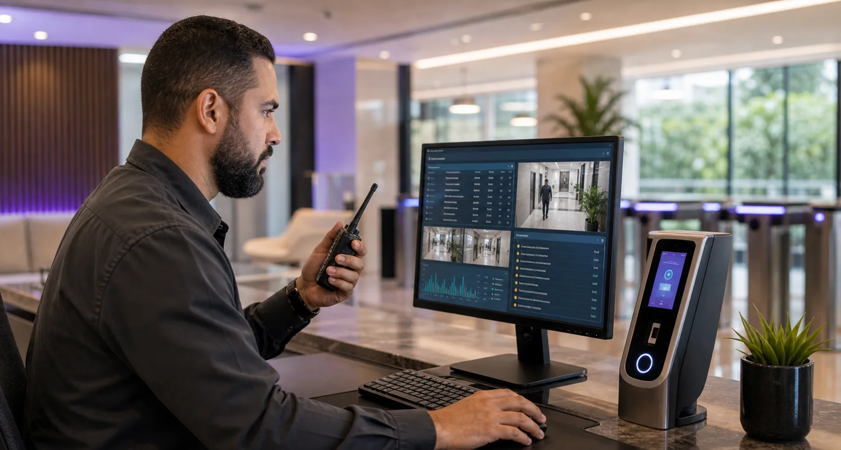 Operador monitorando acessos e eventos da portaria em tempo real