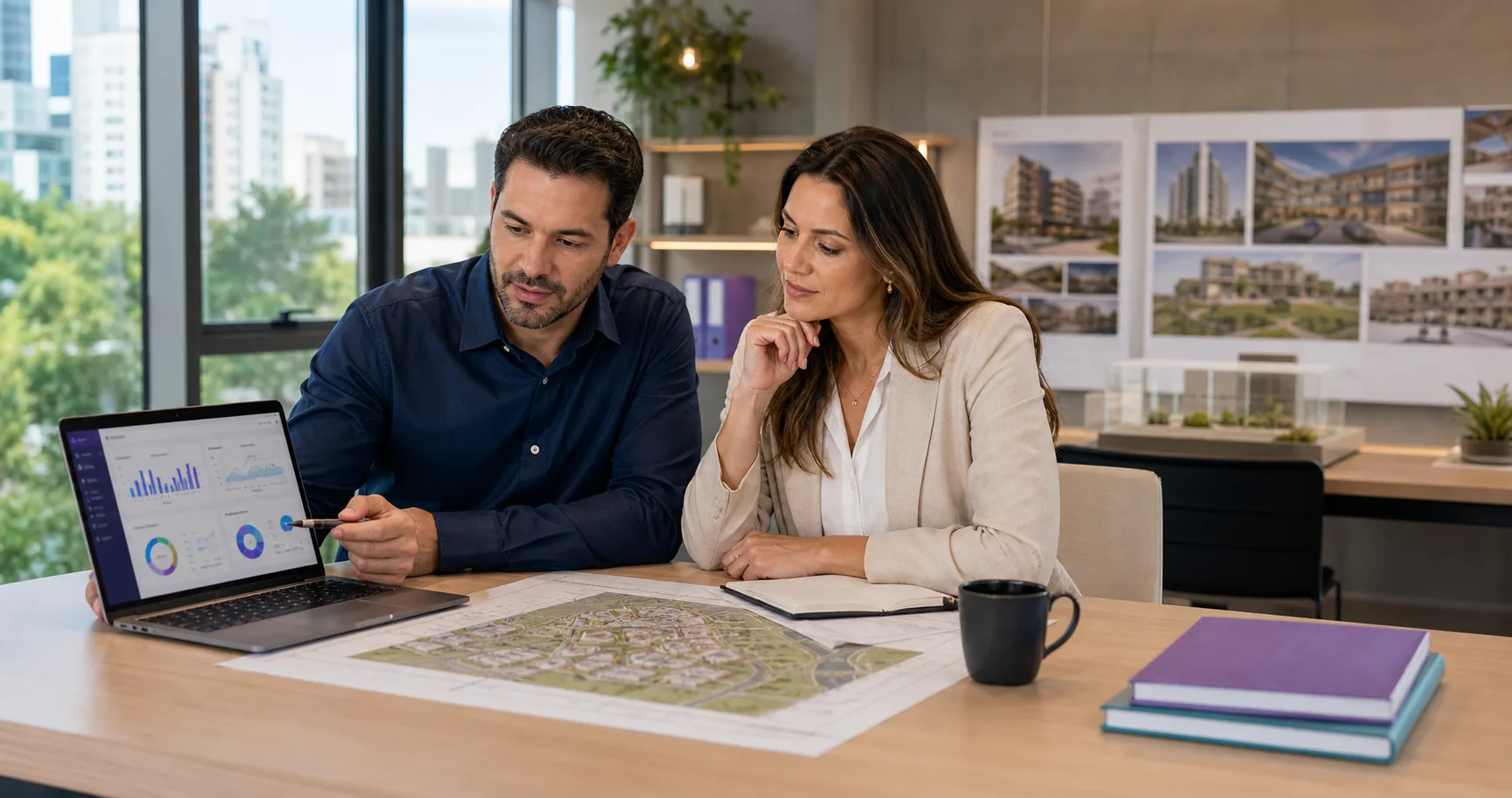 Equipe de loteadora analisando mapa de empreendimento e operação comercial